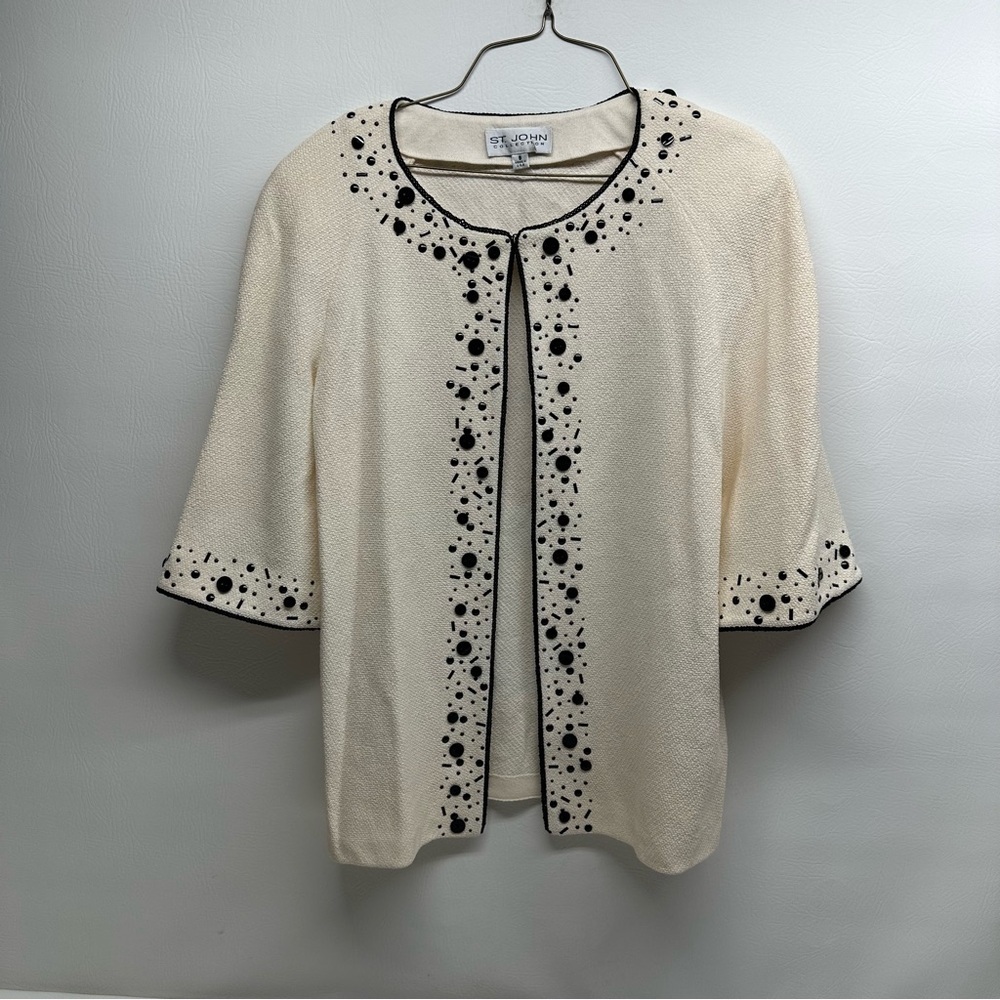 ST JOHN WOMENS Cream and Black Embellished OVER DRESS Cardigan SZ 8